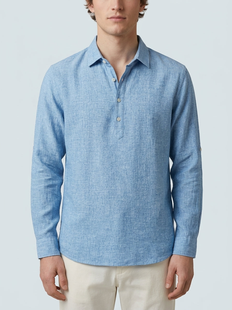 Long sleeve henley polo pullover — On Model - Upper Body | Generated by Modelize