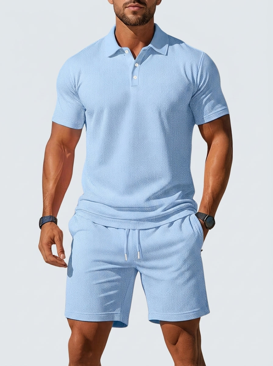 Polo shirt and drawstring shorts matching set — On Model - Upper Body | Generated by Modelize