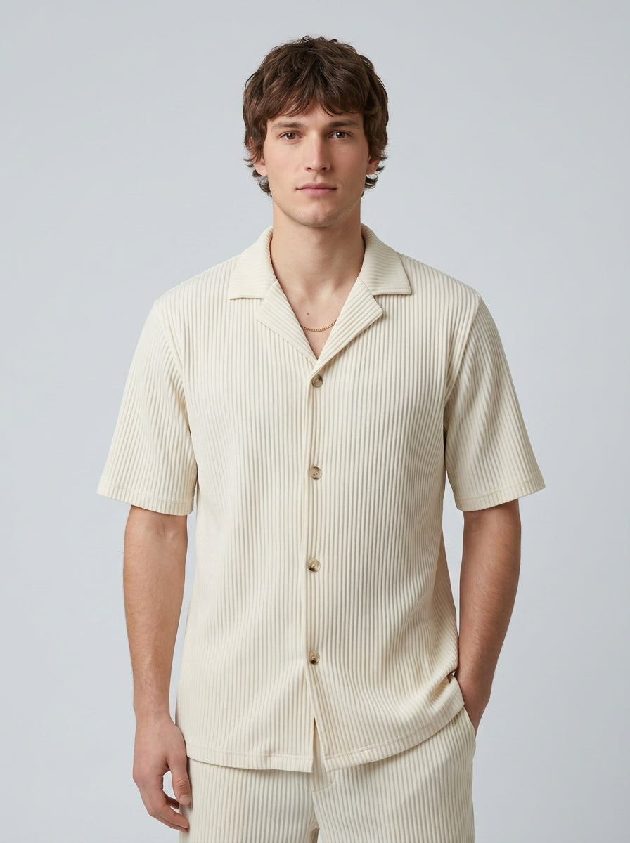 Ribbed button-front shirt and matching shorts set — On Model - Upper Body | Generated by Modelize