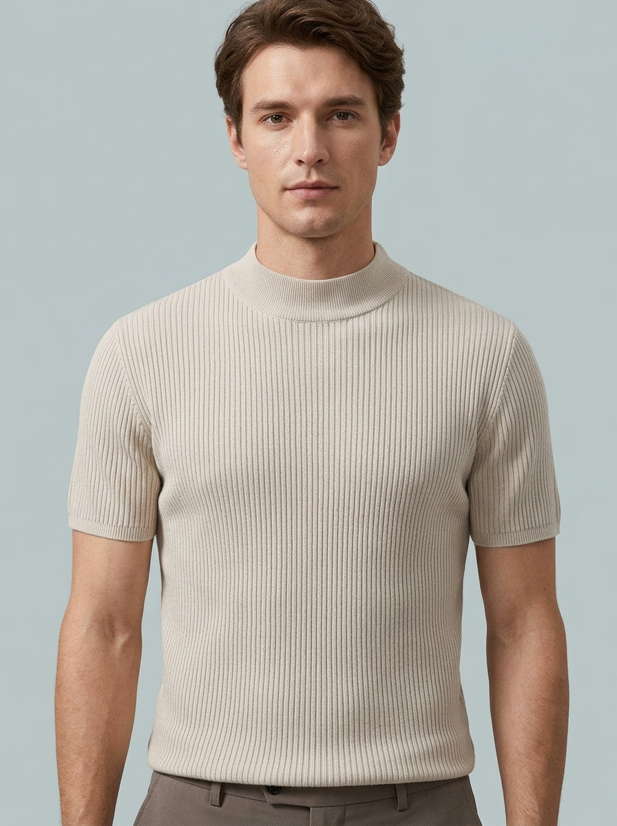 Ribbed knit mock neck tee — On Model - Upper Body | Generated by Modelize