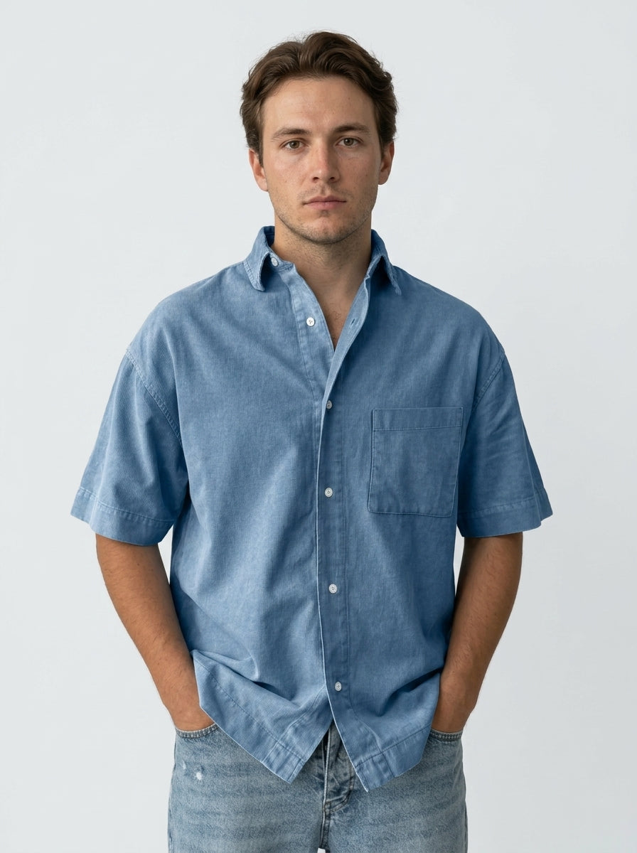 Short sleeve button-up leisure shirt — On Model - Upper Body | Generated by Modelize