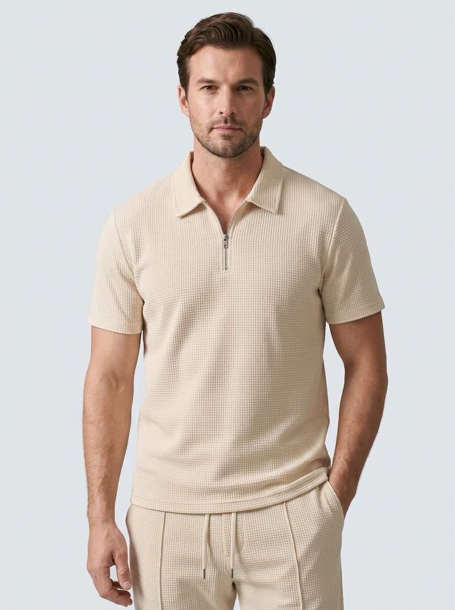 Two-piece matching set (Quarter-zip polo and trousers) — On Model - Upper Body | Generated by Modelize