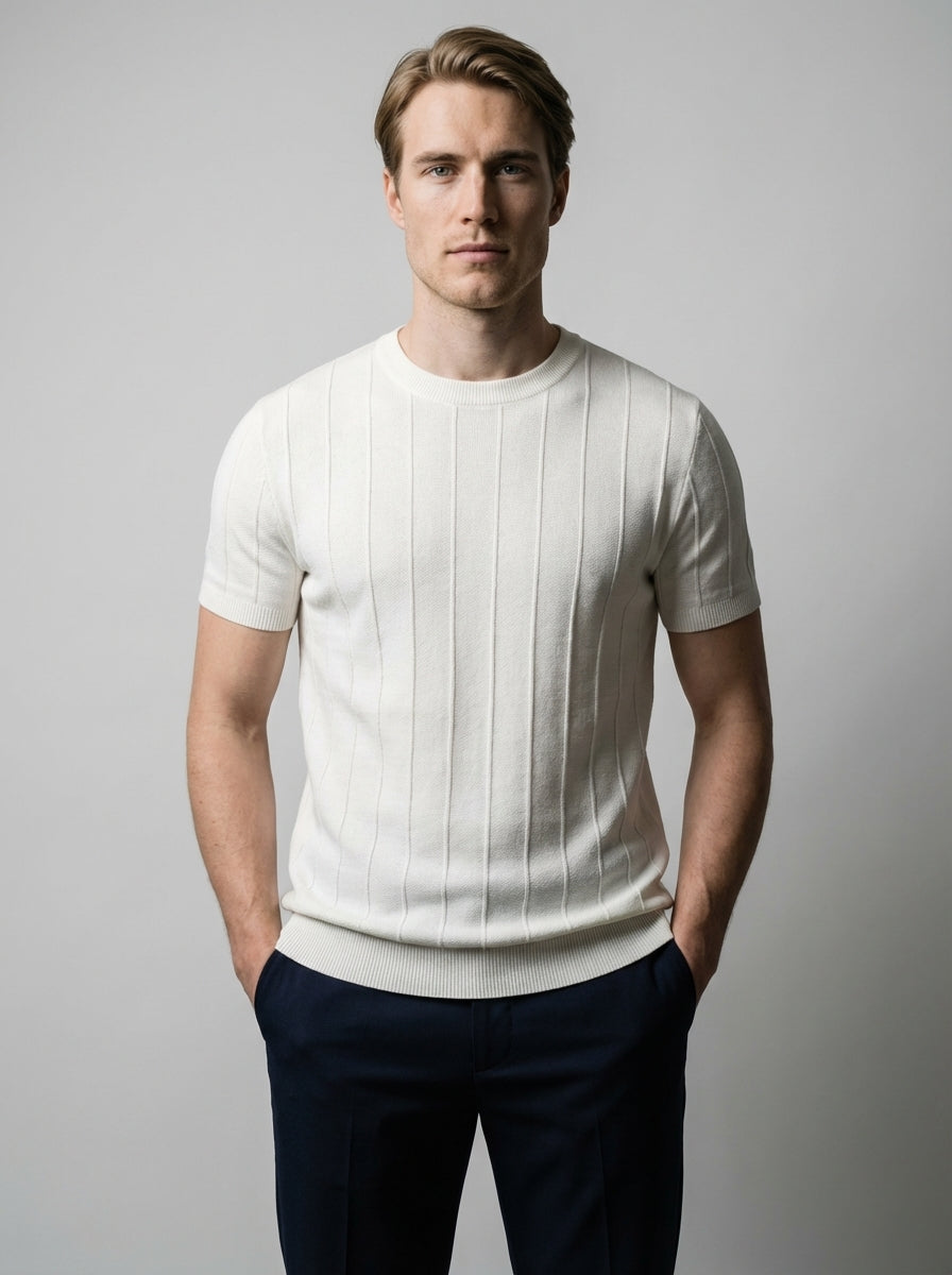Close-up of vertical rib knit tee in cream – TARLANO