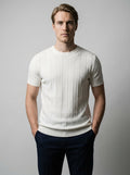 Close-up of vertical rib knit tee in cream – TARLANO