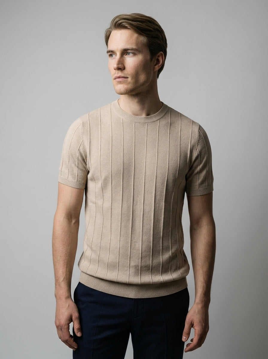 Ribbed Crew Neck Tee Slim Fit Vertical Knit – Fenco