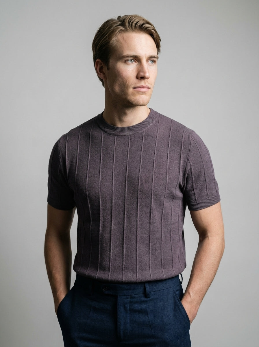 Ribbed Crew Neck Tee Slim Fit Vertical Knit – Fenco