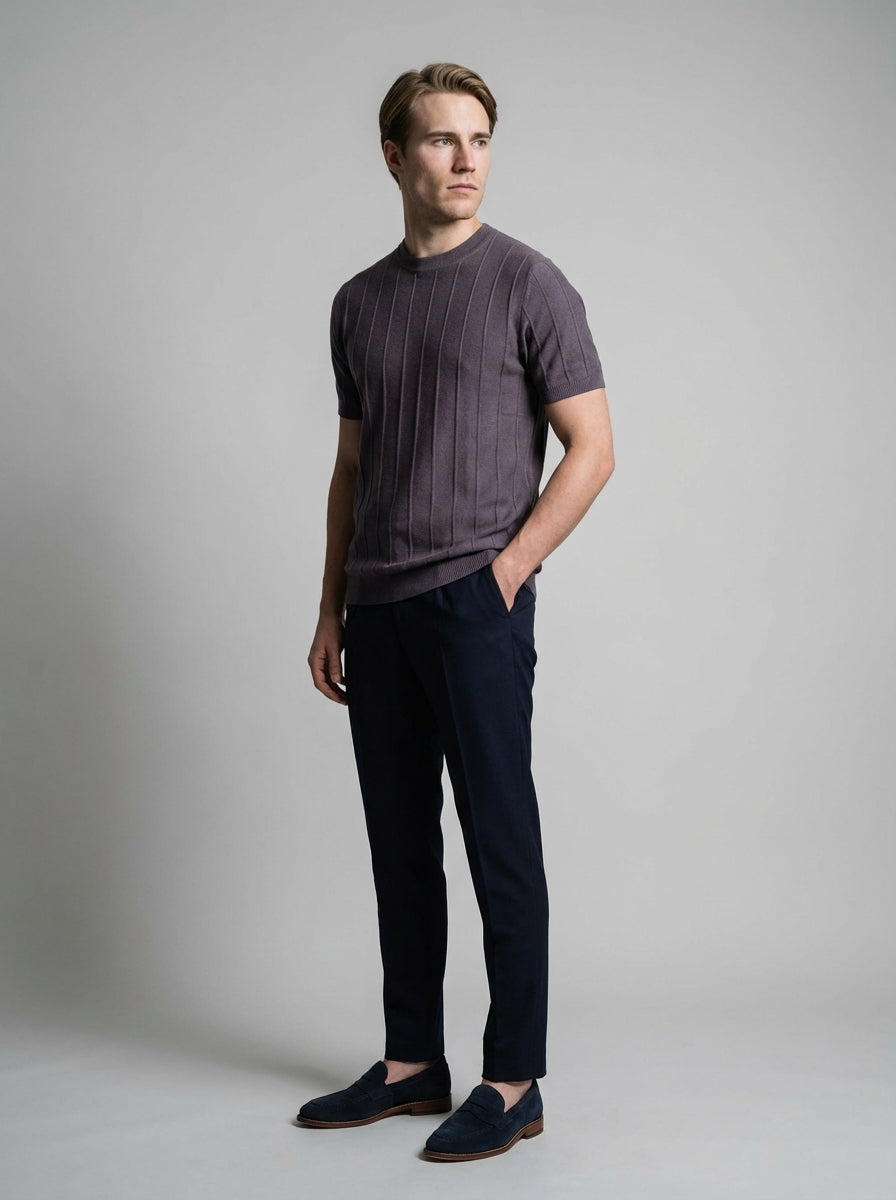 Ribbed Crew Neck Tee Slim Fit Vertical Knit – Fenco