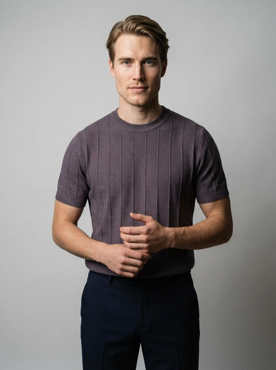 Ribbed Crew Neck Tee Slim Fit Vertical Knit – Fenco