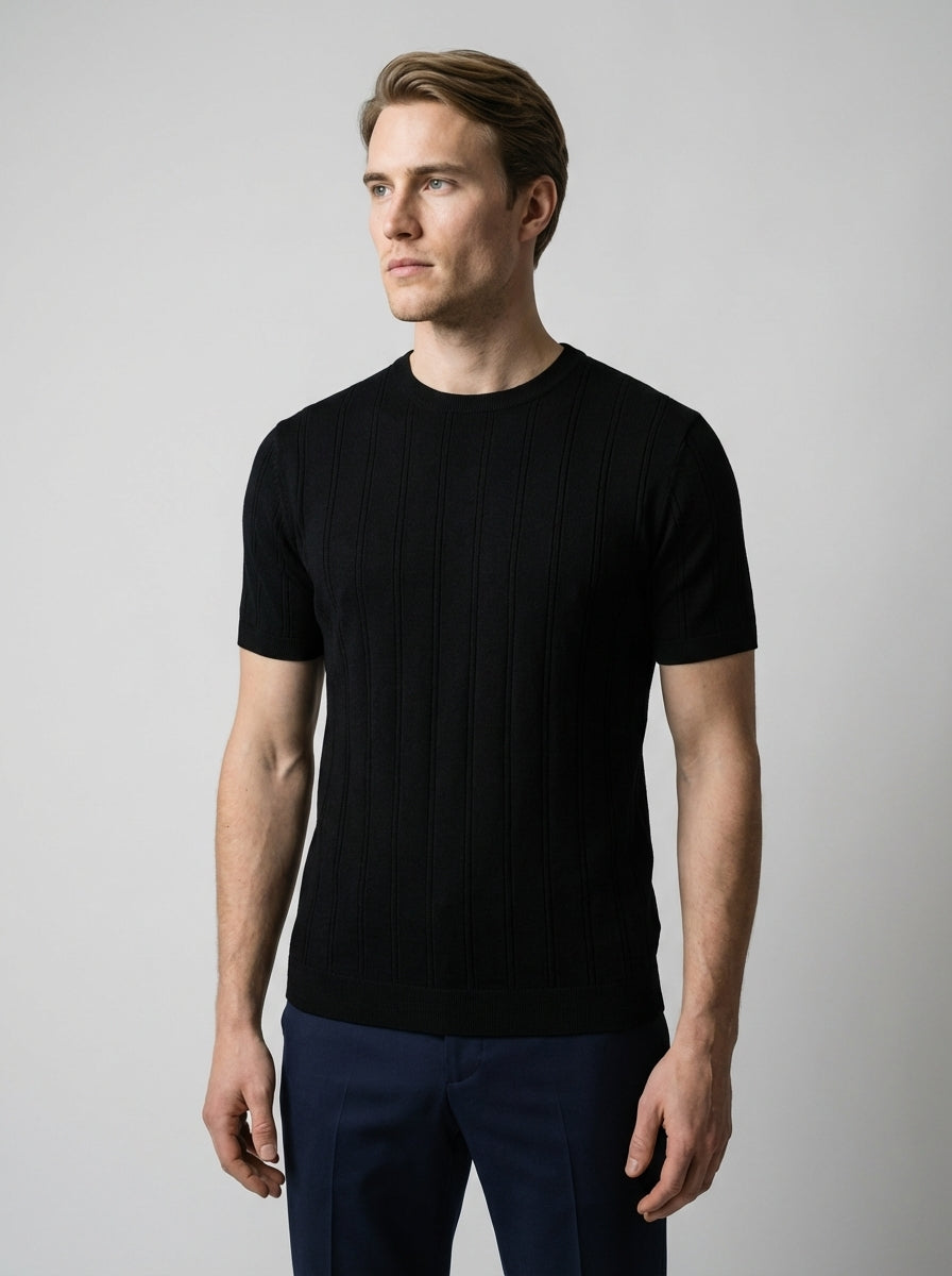 Ribbed Crew Neck Tee Slim Fit Vertical Knit – Fenco