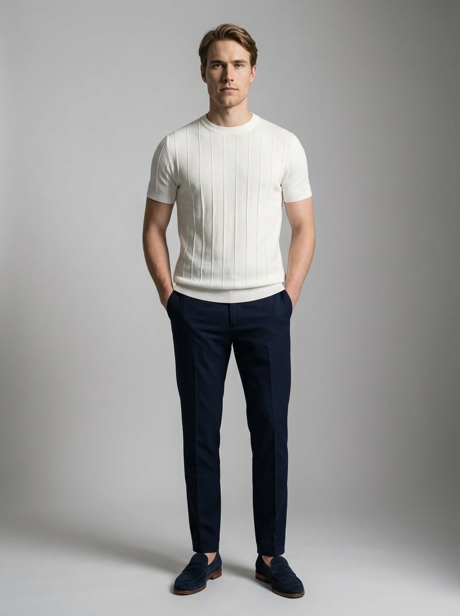 Ribbed Crew Neck Tee Slim Fit Vertical Knit – Fenco