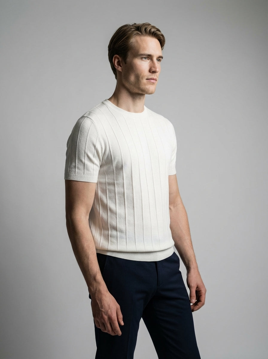 Ribbed Crew Neck Tee Slim Fit Vertical Knit – Fenco