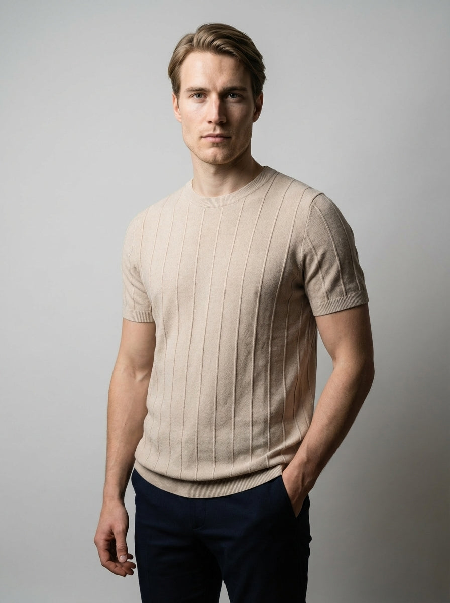 Ribbed Crew Neck Tee Slim Fit Vertical Knit – Fenco