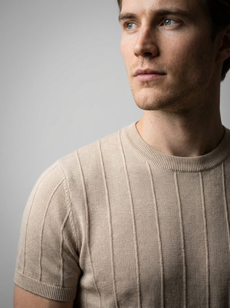 Ribbed Crew Neck Tee Slim Fit Vertical Knit – Fenco
