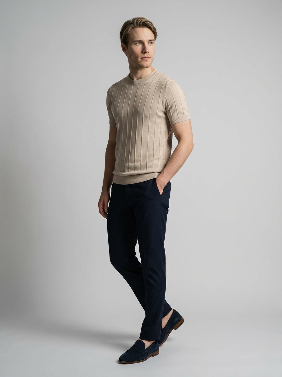 Ribbed Crew Neck Tee Slim Fit Vertical Knit – Fenco