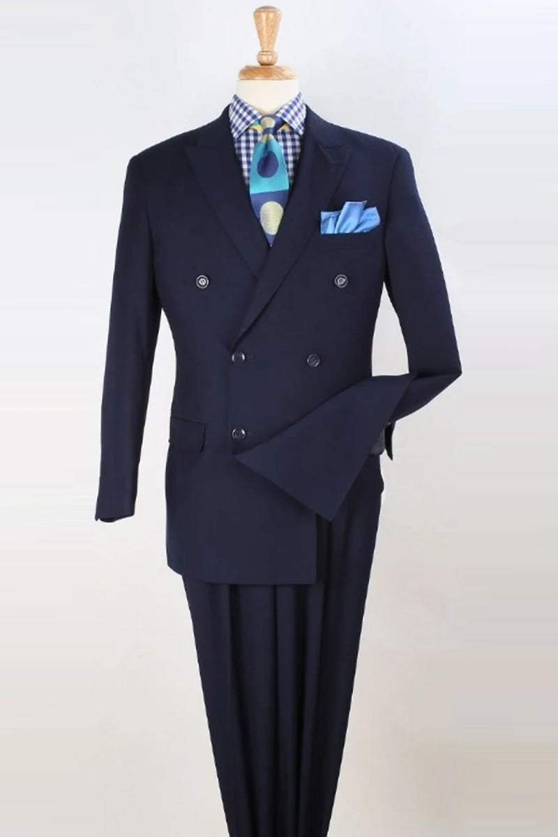 Double Breasted Suit Wool-Feel Peak Lapel Pleated Trousers Navy – Ranso
