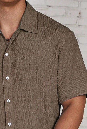 Shirt Shop Cuban Collar Textured Button-Front Short Sleeve