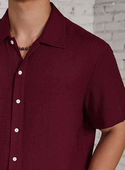 Shirt Shop Cuban Collar Textured Button-Front Short Sleeve