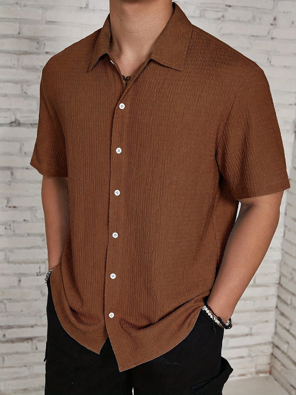Shirt Shop Cuban Collar Textured Button-Front Short Sleeve