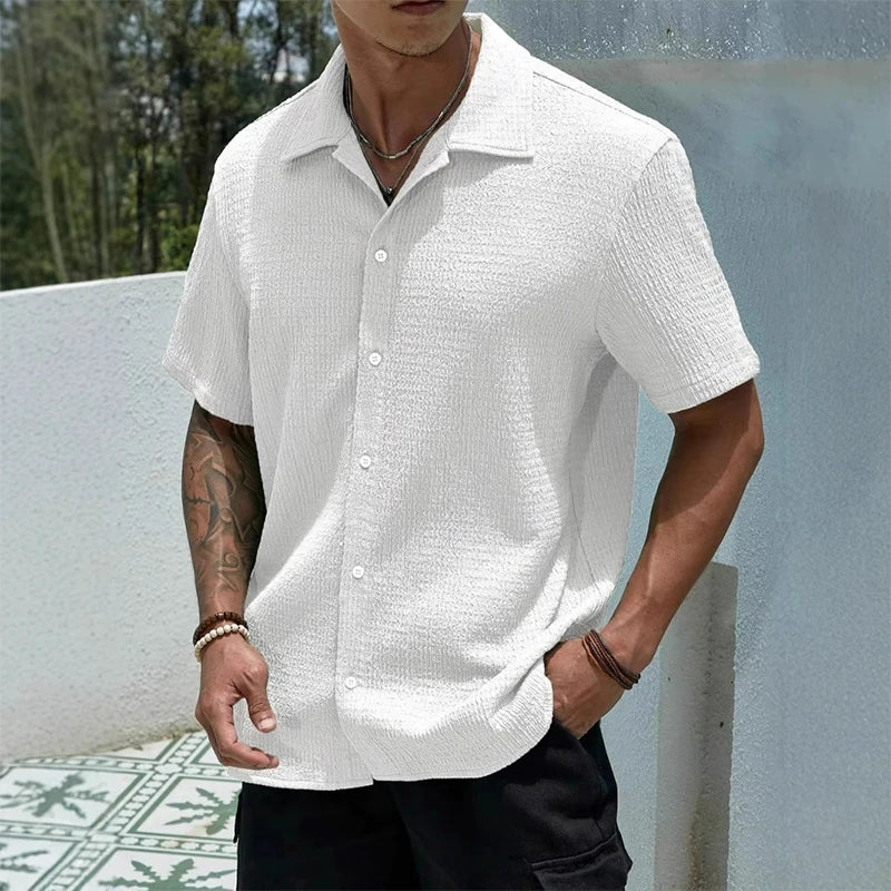 Model wearing Cuban collar textured button-front shirt in white – TARLANO