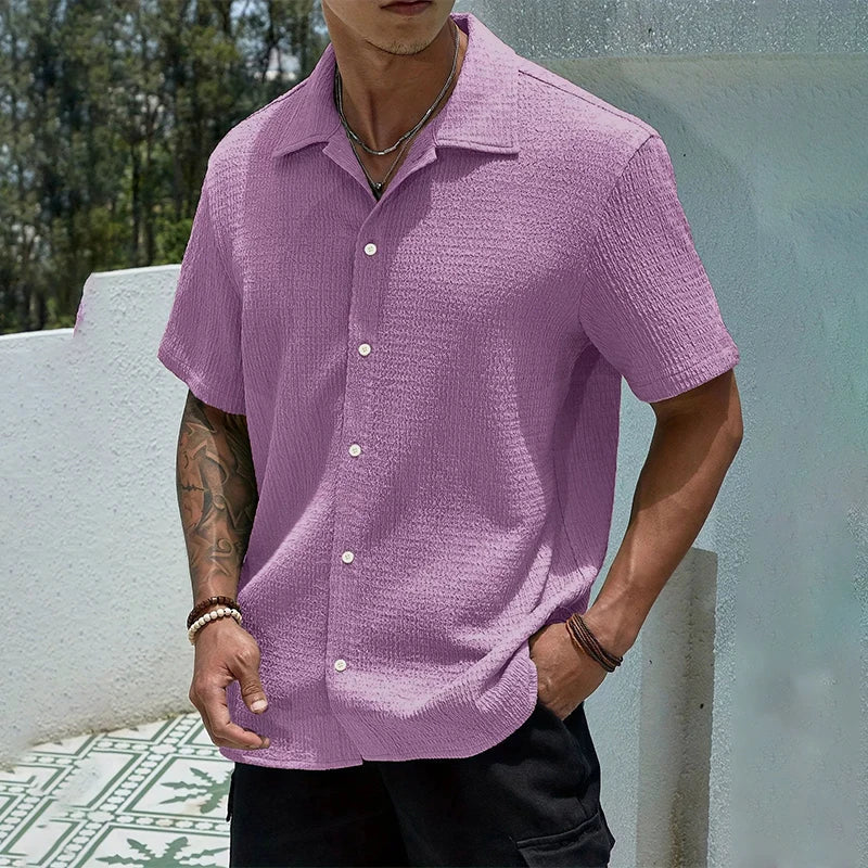 Shirt Shop Cuban Collar Textured Button-Front Short Sleeve
