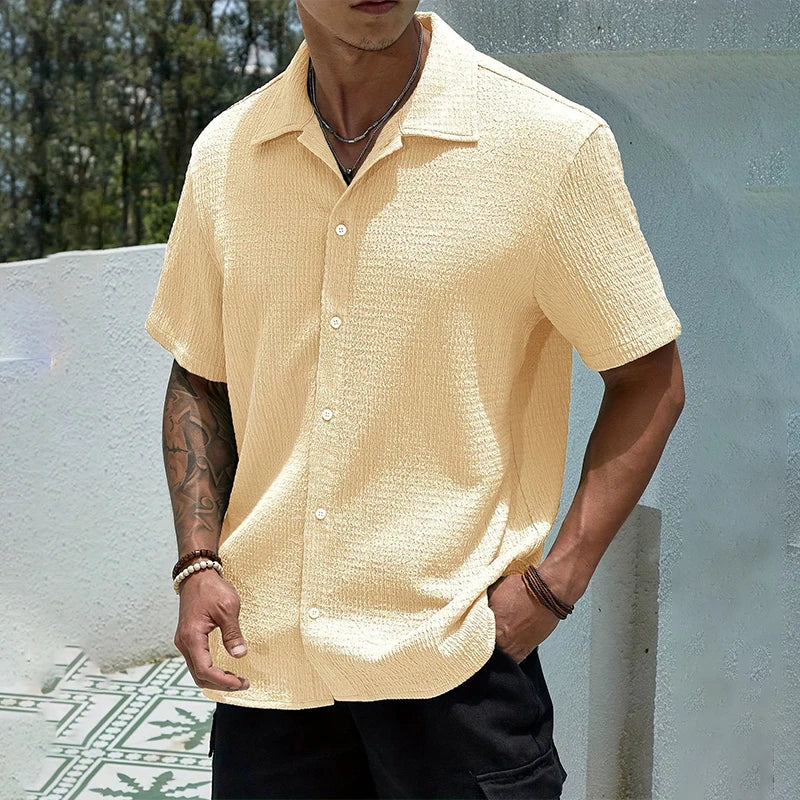 Shirt Shop Cuban Collar Textured Button-Front Short Sleeve