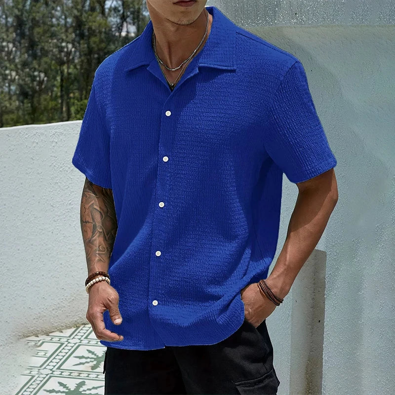 Shirt Shop Cuban Collar Textured Button-Front Short Sleeve