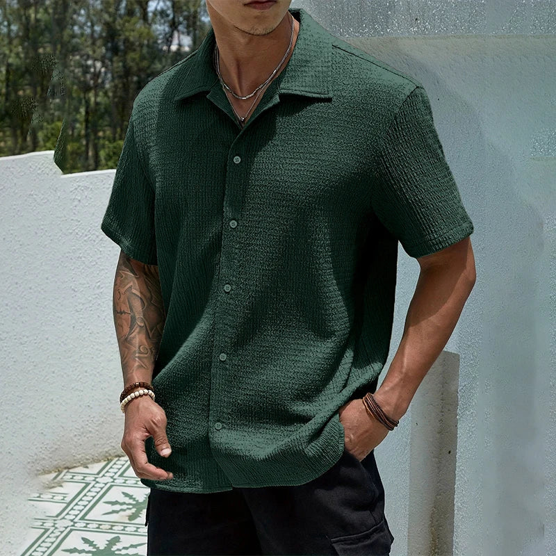 Shirt Shop Cuban Collar Textured Button-Front Short Sleeve