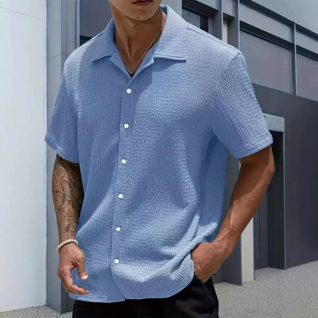 Shirt Shop Cuban Collar Textured Button-Front Short Sleeve
