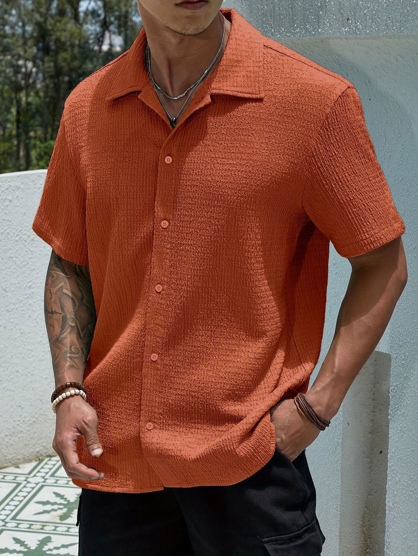 Shirt Shop Cuban Collar Textured Button-Front Short Sleeve