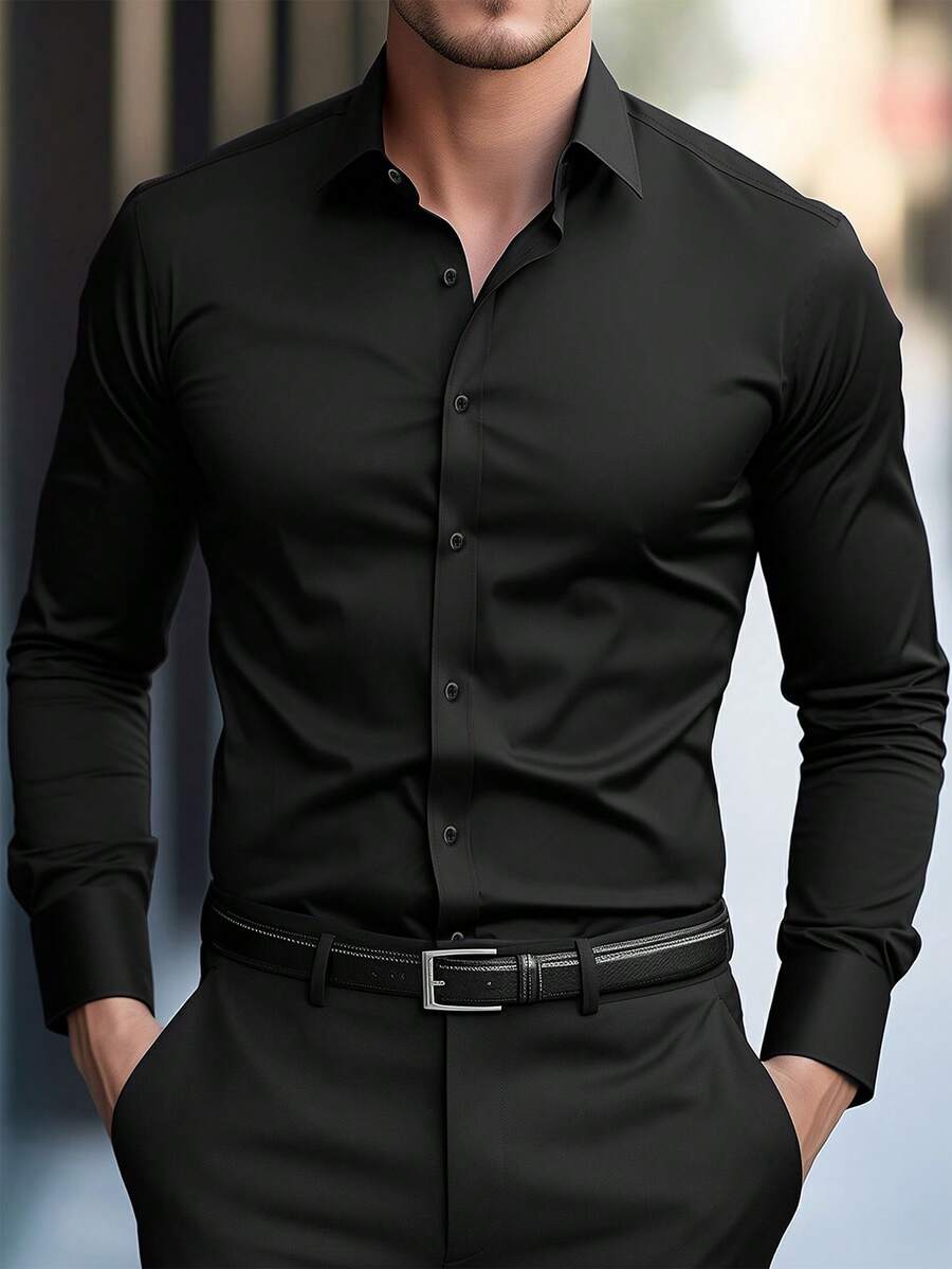 Shirt Shop Stand Collar Button-Up Long Sleeve Polyester Stretch – Marvo