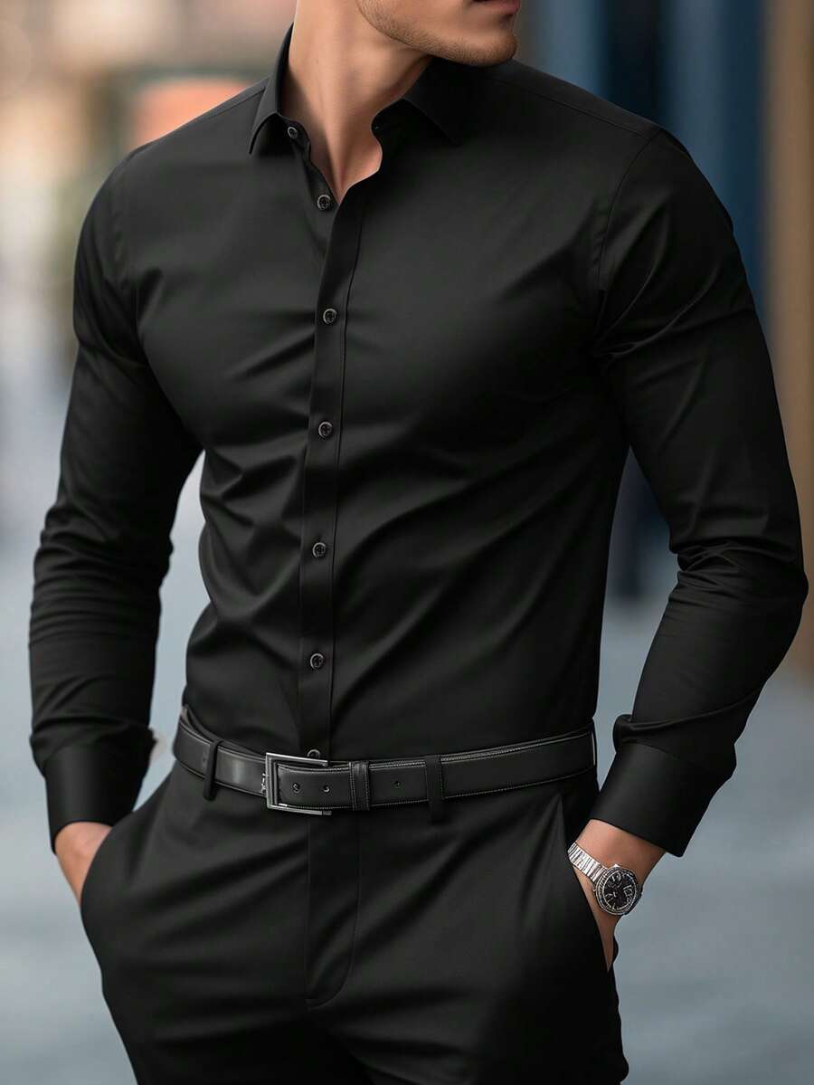 Shirt Shop Stand Collar Button-Up Long Sleeve Polyester Stretch – Marvo