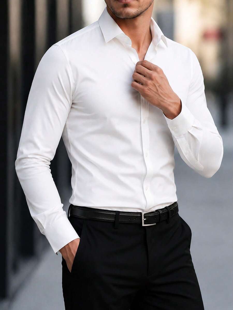 Shirt Shop Stand Collar Button-Up Long Sleeve Polyester Stretch – Marvo