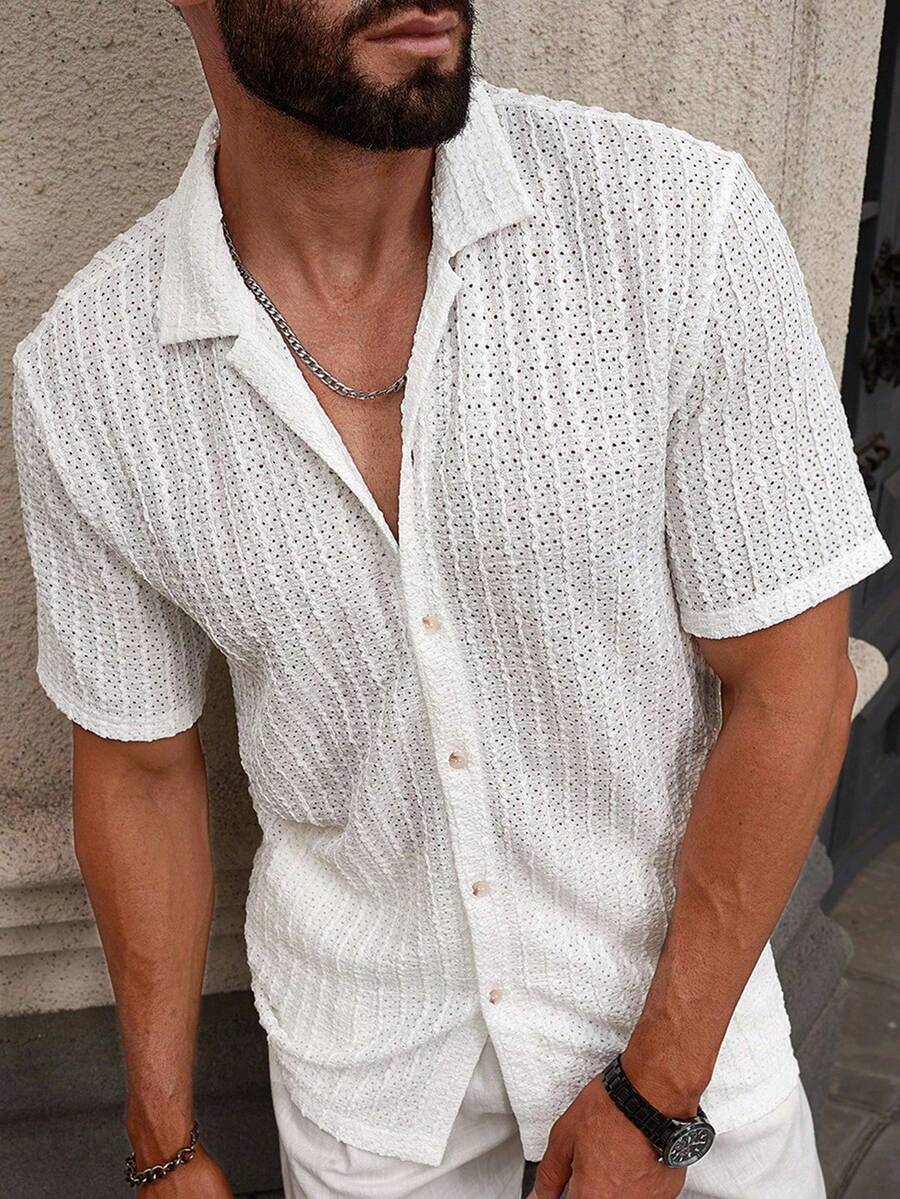 Close-up of textured mesh Cuban collar shirt in white – TARLANO