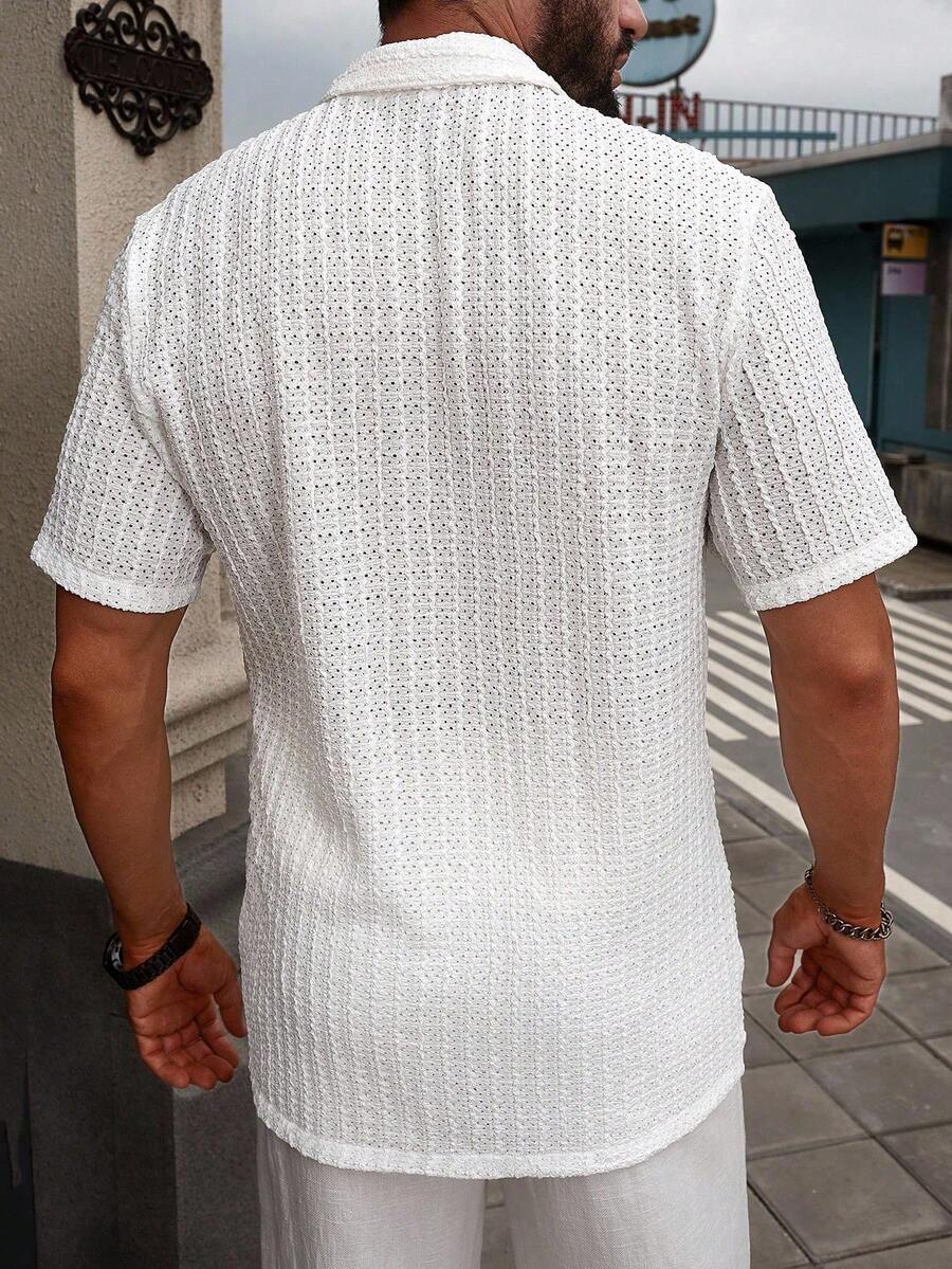Model wearing textured mesh Cuban collar shirt in white – TARLANO