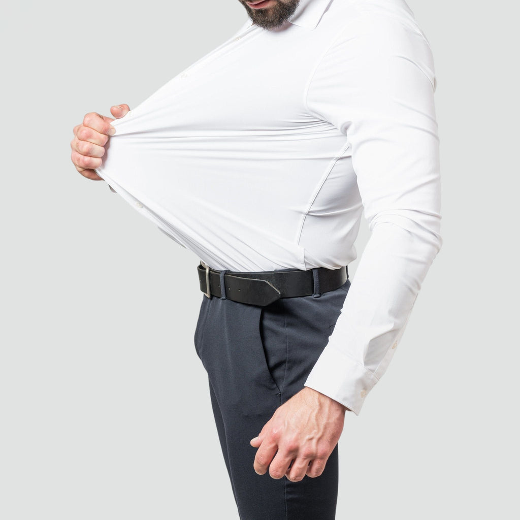 Model wearing slim fit white stretch dress shirt – TARLANO