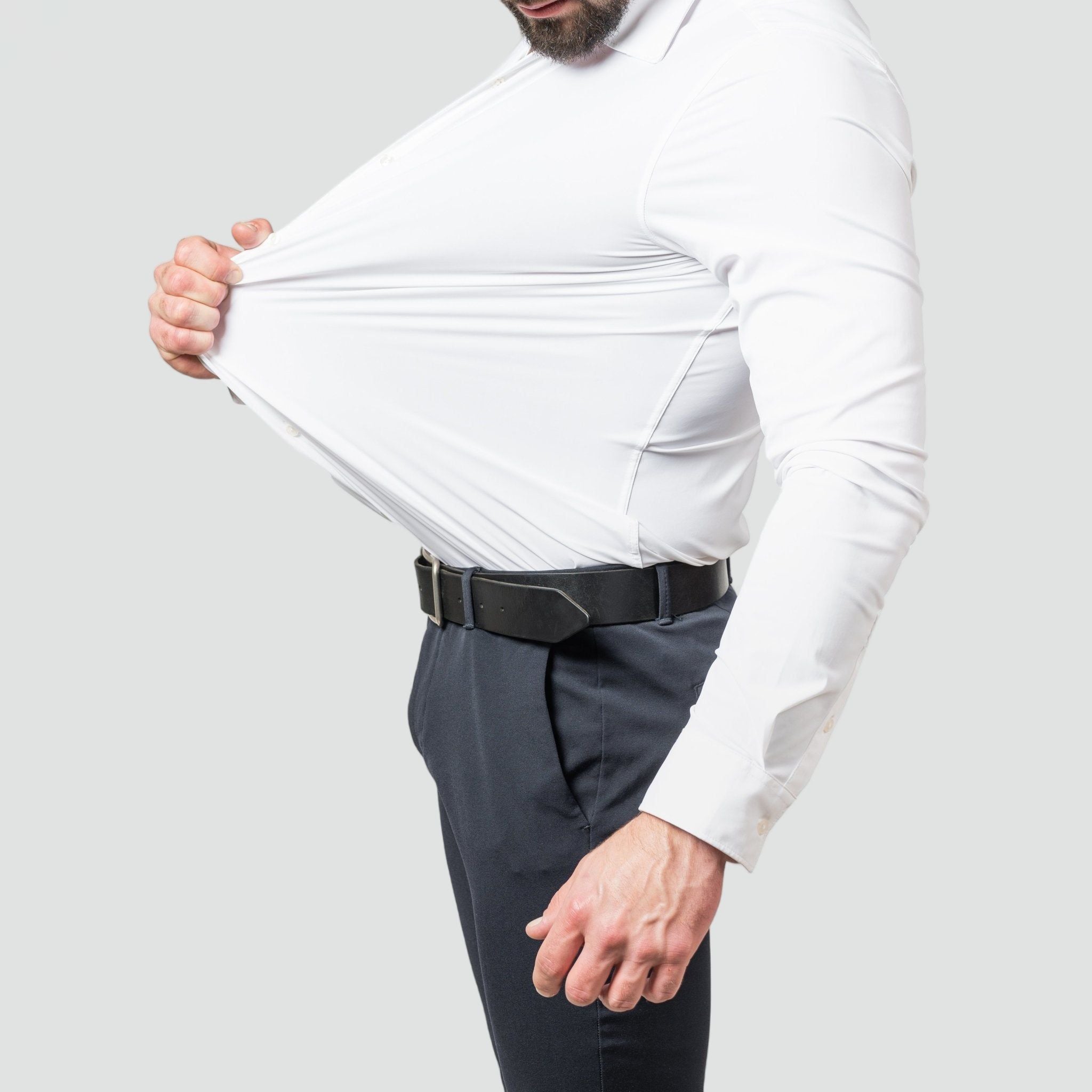 Model wearing slim fit white stretch dress shirt – TARLANO
