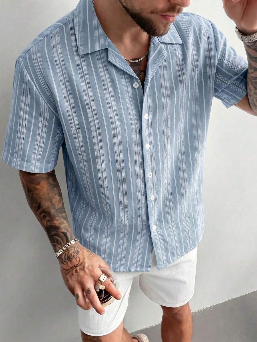 Striped Linen-Look Shirt Shop Band Collar Short Sleeve