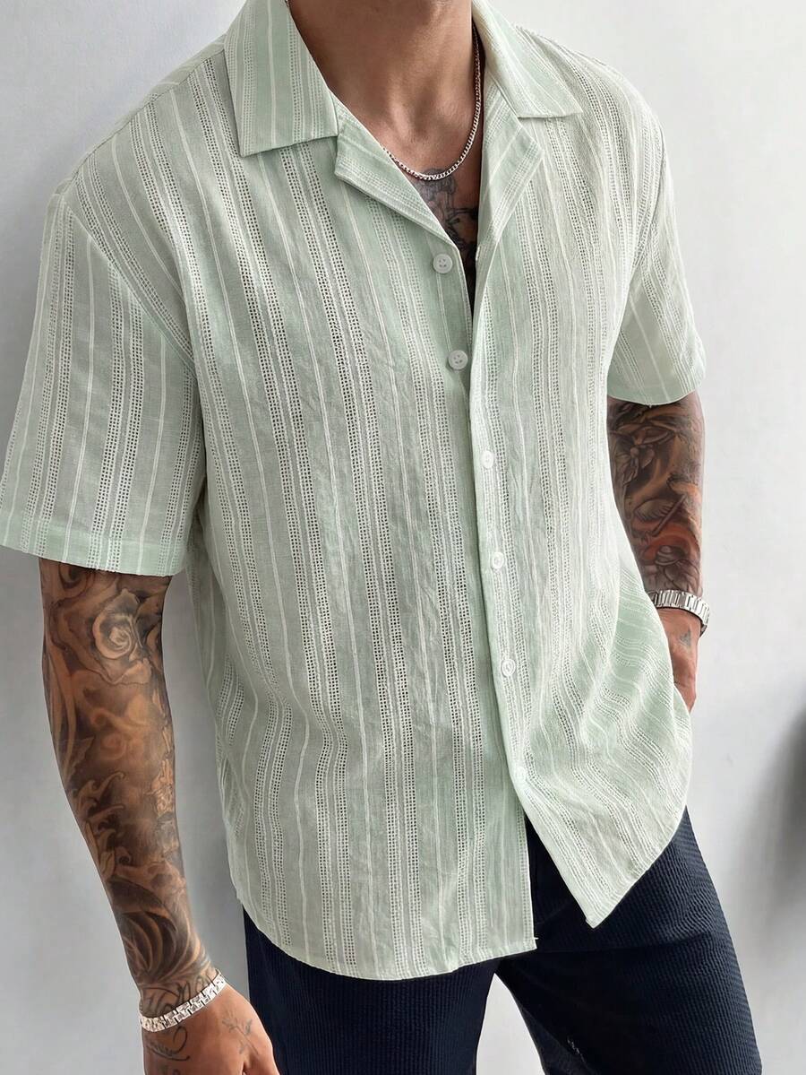 Model wearing striped band collar short sleeve shirt in multicolor – TARLANO