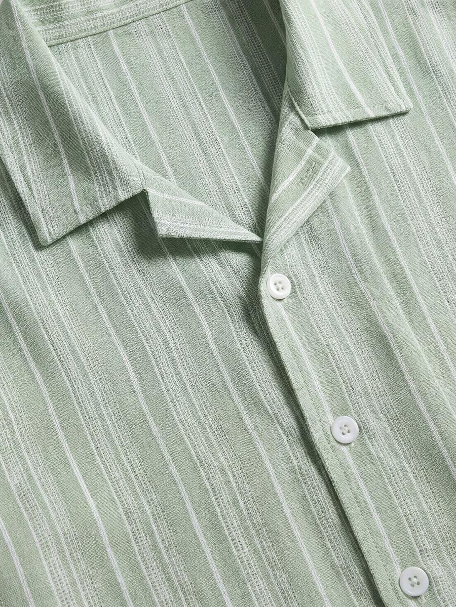 Striped Linen-Look Shirt Shop Band Collar Short Sleeve