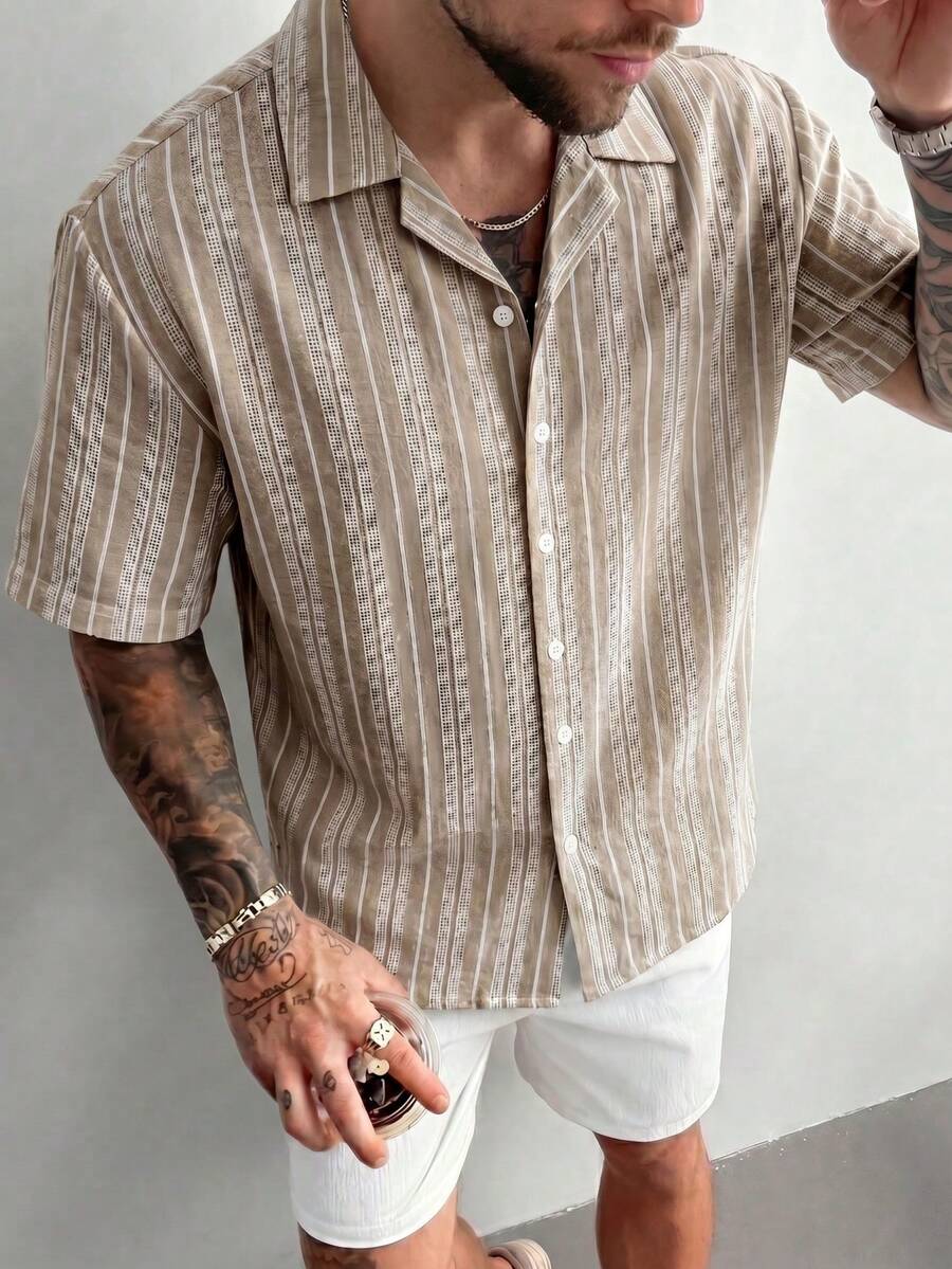 Striped Linen-Look Shirt Shop Band Collar Short Sleeve