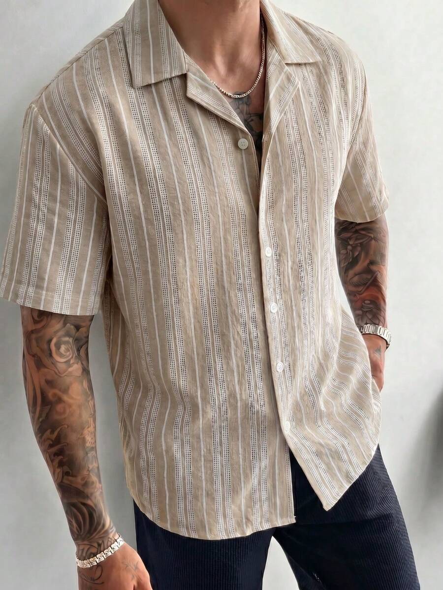 Striped Linen-Look Shirt Shop Band Collar Short Sleeve