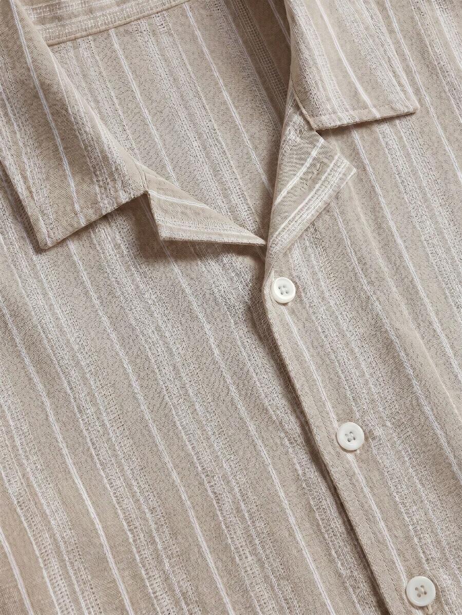 Striped Linen-Look Shirt Shop Band Collar Short Sleeve