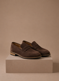 Suede penny loafer close-up penny strap detail in brown – TARLANO
