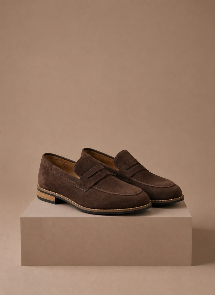 Suede penny loafer close-up penny strap detail in brown – TARLANO
