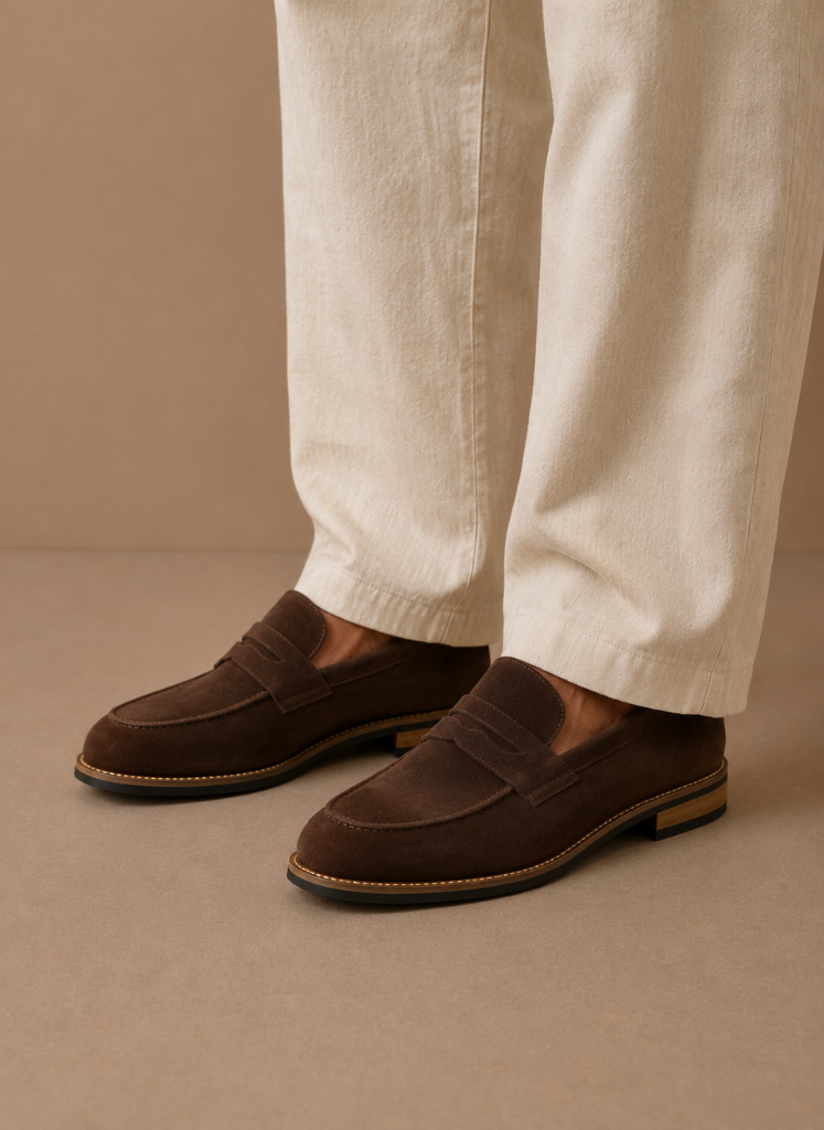 Model wearing suede penny loafers in brown – TARLANO