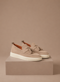Suede tassel loafer sneaker with moc-toe detail in brown – TARLANO