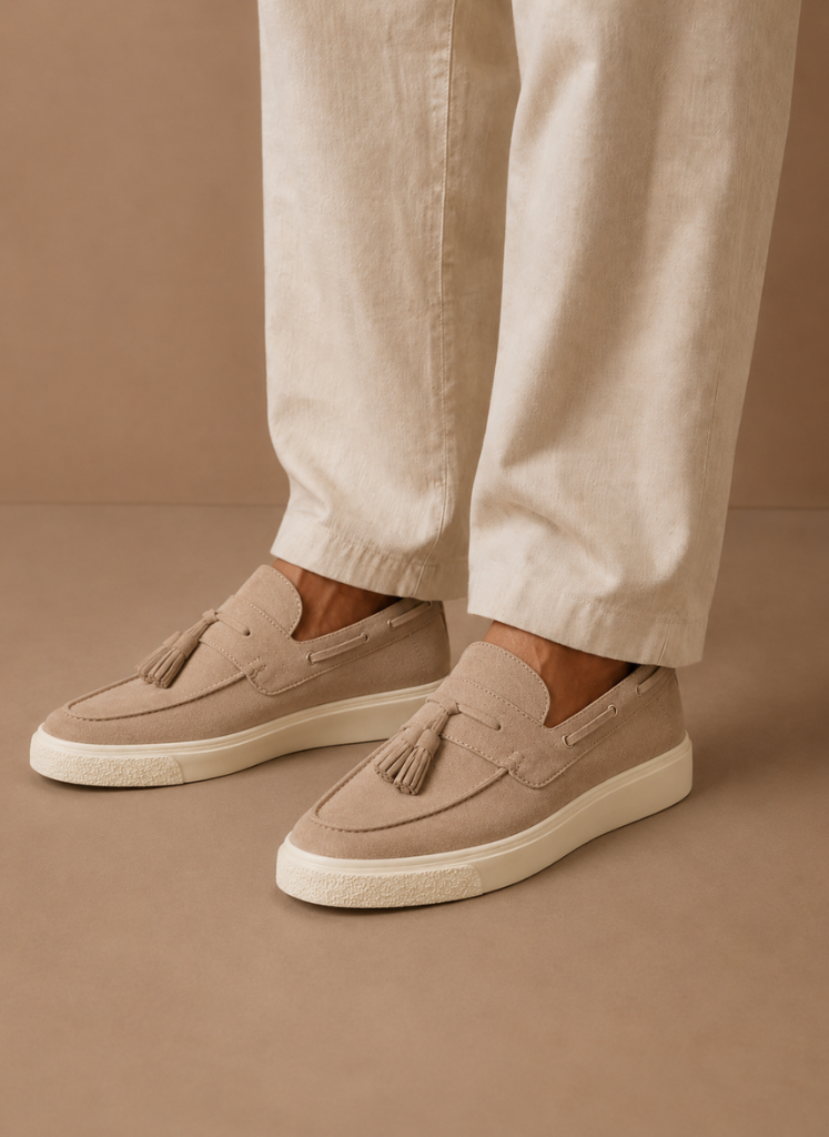 Model wearing suede tassel loafer slip-on sneaker in brown – TARLANO