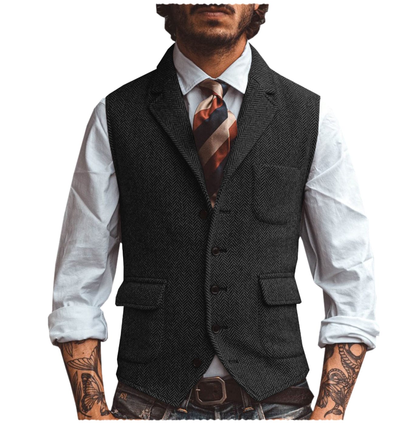 Model wearing herringbone notch lapel suit vest in black – TARLANO