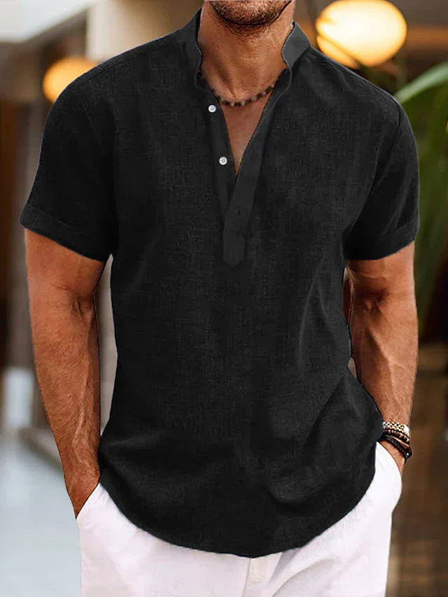 Men's Henley Short Sleeve Shirt Textured Woven Button Placket – Tallo