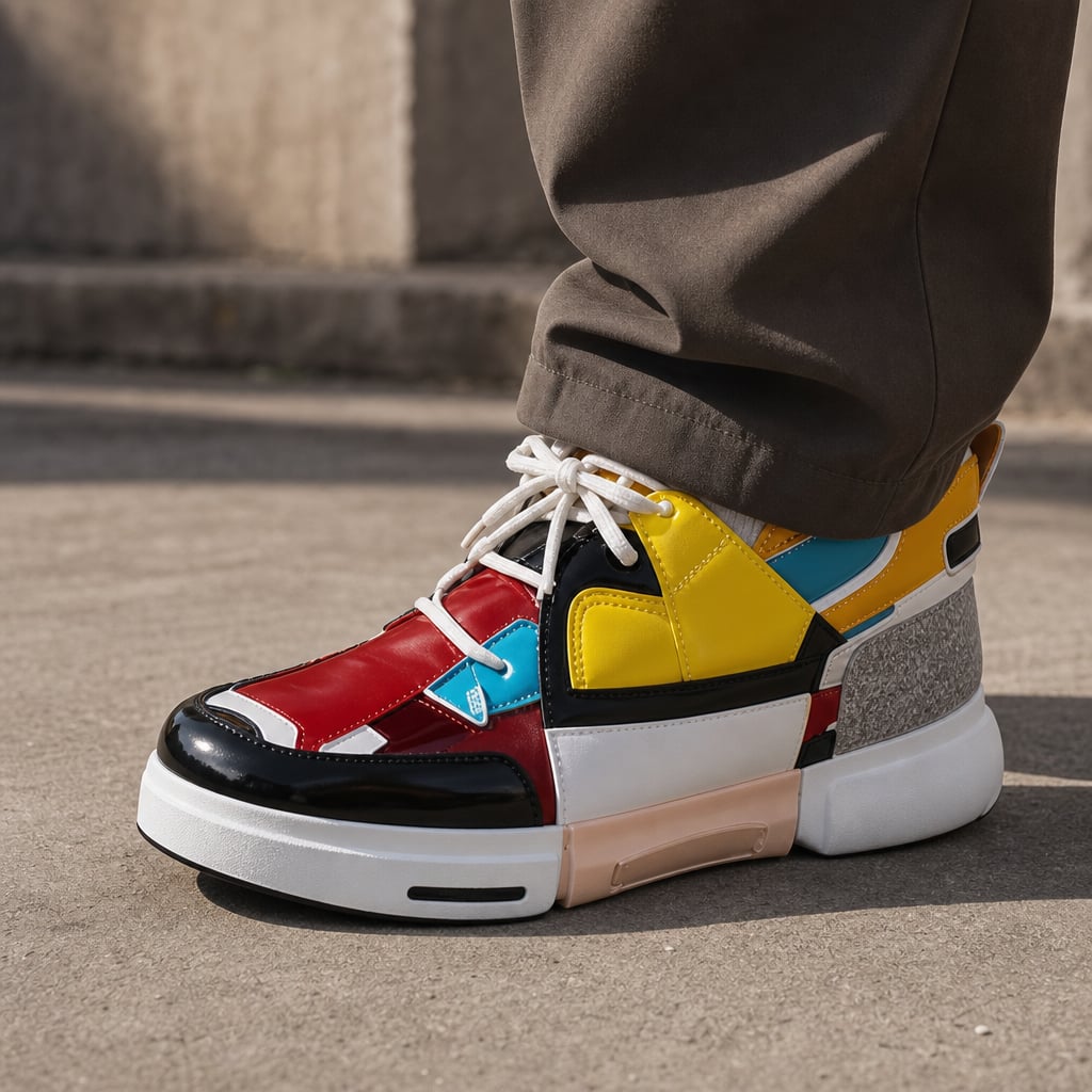 Asymmetrical Sneaker Layered Support Shock-Absorbing Sole Red Yellow – Side Angle View